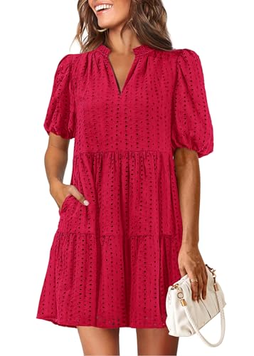 KIRUNDO Eyelet Summer Dresses for Women 2025 Mini Casual Hollow Out Short Sleeve Lace Tiered V Neck Shift Dress Pockets