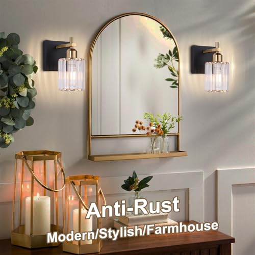Image of Black Gold Wall Sconces Set of 2: Modern Vanity Lights with Crystal Glass Shade, Bathroom Sconces Set of Two, Crystal Wall Light Fixtures for Bath Mirror Living Room Bedroom Hallway Kitchen, E26 Base
