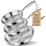Terlulu Dreilagige Edelstahl-Bratpfannen-Set 20/26/30 cm – Edelstahlpfanne unbeschichtet & Induktionspfanne, PTFE/PFAS/PFOA-frei, Für Alle Herdarten, Schnellwärmend, Backofenfest & Spülmaschinenfest