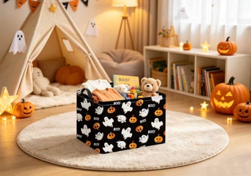 Image of Halloween Basket Cute Baskets for Kids Pumpkin Basket Rectangular Storage Bin Organizer Box Room Decor(Black Boo Halloween)