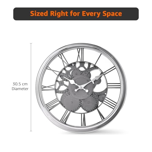 Image of Amazon Basics Plastic Wall Clock with Chrome Finish, Skeleton Dial Design, Lightweight & Durable, 30.5 cm Diameter x 4.3 cm Width, Ideal for Indoor Decor - Silver