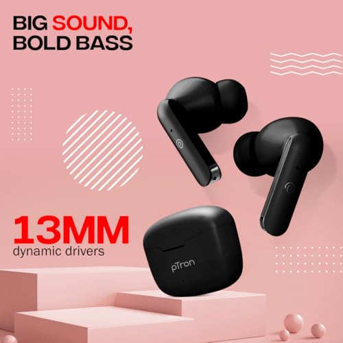 pTron Bassbuds Duo in-Ear Bluetooth 5.1 Wireless Headphones, Stereo Audio, Touch Control TWS Earbuds with HD Mic, Type-C Fast Charging, IPX4 Water Resistant & Voice Assistance