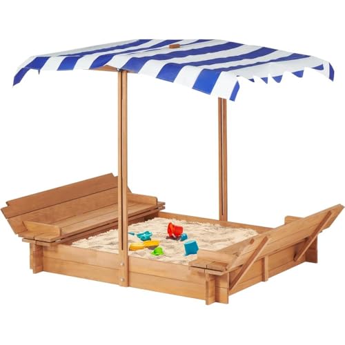 46-Inch Wooden Sandbox with Adjustable Cover & Foldable Benches,Durable Outdoor Sand Box for Backyard, Garden, Patio Play - All-Weather Child-Safe Design