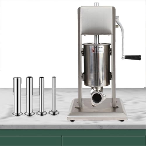 ylpddmm Insaccatrice Manuale per Salsicce da 2L/3L/5L/7L/10L/15L Litri in Acciaio Inox,con 4 Tubi di riempimento in Acciaio Inox Macchina,pressa per Salsicce 2 velocità (Argento),3L