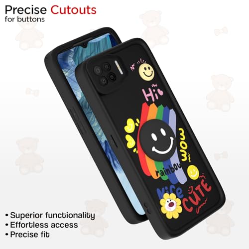 Image of Pikkme Back Cover for Oppo F17 | Soft Silicone| Cute Rainbow Smile & 3D Cartoon Flower Design | Shockproof Raised Camera Protection Bumper Case (Black)