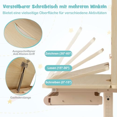 COSTWAY Schreibtisch Kinder, Kinderschreibtisch 52-74 cm höhenverstellbar mit neigbarer Tischplatte, Kindertisch mit Regal, Schublade, & Buchständer, Schülerschreibtisch für Kinder ab 3 Jahren (Blau)