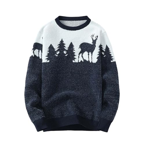 Men Sweater Black White Elk Tree Graphic Crew Neck Long Sleeve Knitted Top Business Foreign Trade Loose Winter Jumper