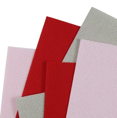 Image of KCS 4 /6 pc of 12 inch x 18 inch(30cmx45cm) 16 Count Cotton Aida Cloth Cross Stitch Fabric (6 pc,Pink+Red+Pearl Grey)
