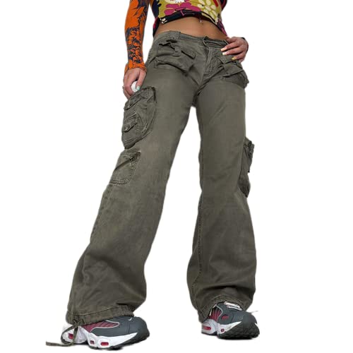 Women's Solid Color Low Waist Slim Denim Cargo Pants Y2K Pants