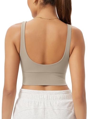 ODODOS Women's Longline U-Back Sports Bra V-Neck Padded Yoga Workout Wirefree Tank Top, Shaker Beige, Medium
