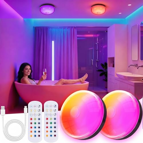 2PACK Rechargeable LED Shower Light Waterproof Shower Lamp with 15 RGB Colors Mood Lighting Dimmable Ceiling Light for Bathroom Living Room Closet Bedroom Hallway Stairs Party Decor