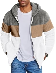 COOFANDY Veste Polaire Teddy pour Homme Veste de Transition Sherpa Sweat Patchwork avec Capuche Gris foncé + Marron + Blanc XXXL