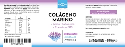 Colageno Marino Hidrolizado 1000mg alta dosis - 120 Cápsulas + Manganeso, Coenzima Q10, Zinc, Cobre, Vitaminas C y Biotina - Libre de aditivos, Fabricado en Austria por VROODY