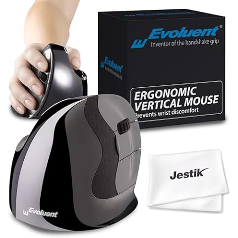 Evoluent Mouse VMDLW - VerticalMouse D, Right Hand Ergonomic Design, Evoluent Vertical Mouse D Large with Wireless Connection for Laptop and PC, Plus Jestik Microfiber Cloth Cover
