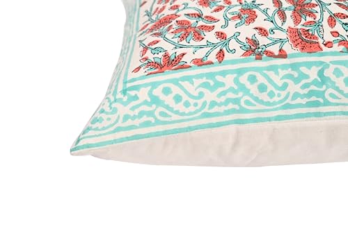 Image of Cotton Cushion Covers 16x16 Inch - Hand Block Floral Print Pillow Covers for Sofa, Couch & Bedroom (Pack of 5) (Light Green)
