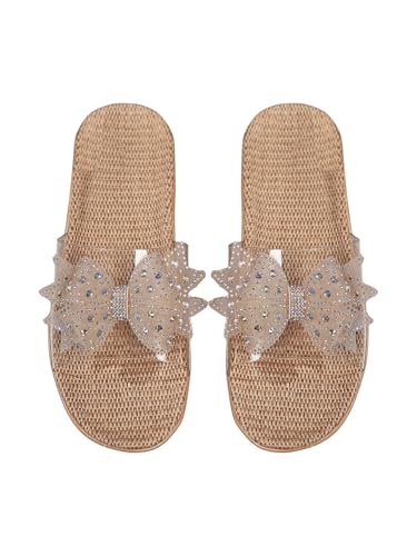 OYOANGLE Women's Rhinestone Sparkly Bow Slide Sandals Open Toe Clear Flat Sandal Dressy Casual Slippers