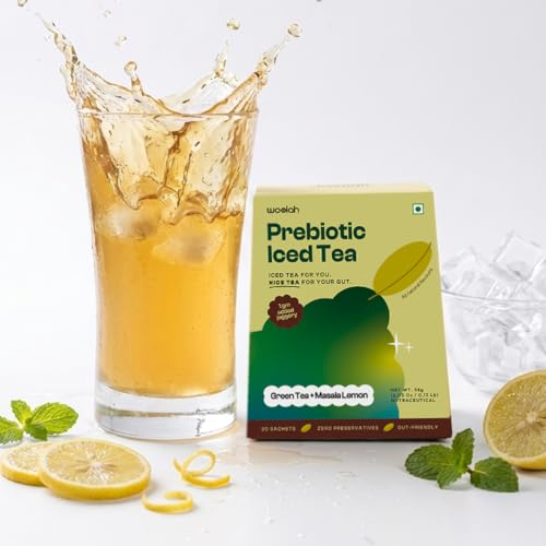 Image of Woolah Prebiotic Lemon Masala Iced Green Tea | Only 1g Jaggery Sugar | Gut Health & Digestion Support | Instant Iced Tea Mix | Natural Ingredients | Low Calorie Drink | 20 Sachets