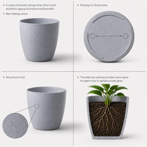 Image of YUCCABE ITALIA SHERA Stella 4 Inch Pack of 3 Piece Plastic Plant Pot for Home Decor Indoor Plant Pots for Living Room Plastic Flower Pot for Garden (Stone Grey, 10 INCH - 6 Pcs)