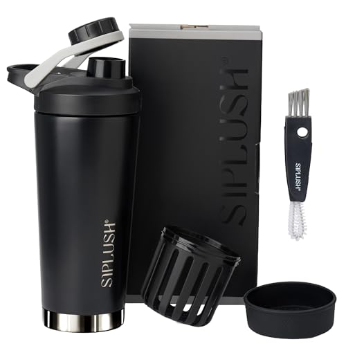 Image of Protein Shaker Bottle 24oz, Insulated, Onyx Silver, Mirror-Finish | BPA free, Quiet mixing, No blender ball, Insulated cup, Lid brush & boot included, Premium design