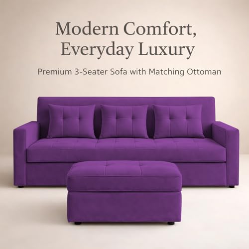Image of Emilio 3 Seater with Ottomon Pull-Out Sofa Cum Bed (Purple Color) Premium Fabric Sofa Set for Living Room | Bedroom