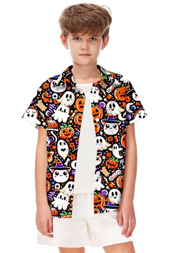 Image of Remimi Unisex Kids Halloween Shirt Boys Pumpkin Ghost Shirts Hawaii Button Up Tops 5-14 Years