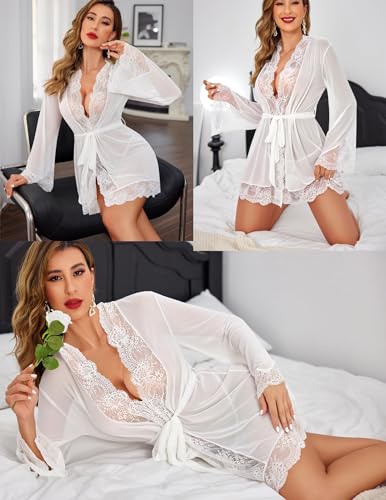 Image of SSoShHub Women Lace Kimono Robe Babydoll Lingerie Mesh Chemise Nightgown Cover Up Robe with Panty