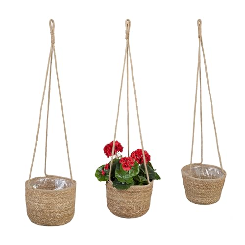 Relaxdays Seegras Blumenampel 3er Set, hängend, Blumen & Hängepflanzen, Hängekorb mit Folie, 3 Größen, Pflanzkorb, Natur