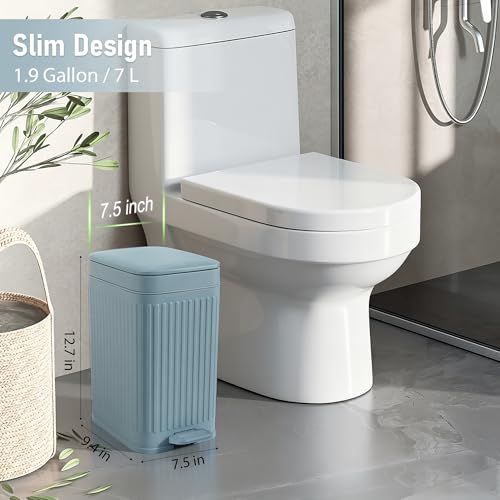 Image of rejomiik Small Bathroom Trash Can with Lid Slim Soft Close Garbage Can Step Wastebasket Container Trash Bin for Office Bedroom Kitchen Living Room 1.9 Gallon, Light Blue