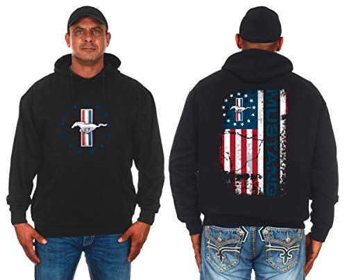 JH DESIGN GROUP Mens Ford Mustang Pullover Hoodie Distressed USA Flag 2 Sided Sweatshirt (Small Black)