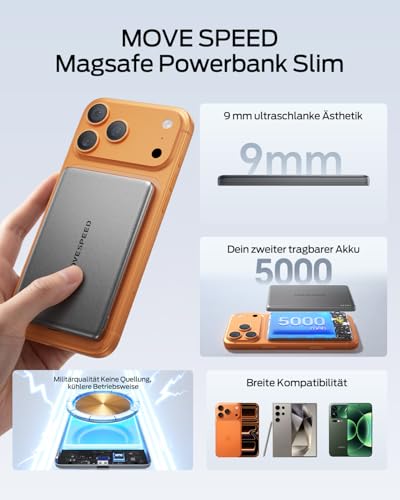 MOVE SPEED Magsafe Power Bank Magsafe Powerbank Slim 5000mAh Magnetische Power Bank USB C 18W Wireless Mini Powerbank Metallgehäuse-Design… – Ansicht 2