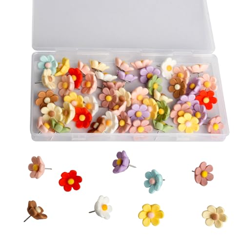 50pcs Punaises Tableau Liège,Punaise Murale,Punaises Carte,Aiguilles à épingles, Punaise Dessin en Forme de Fleur Décoratives Colorées pour Tableau en...