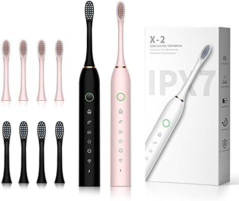 SUNPRO 2 Pack Sonic Electric Toothbrush for Adults, 6 Modes 42000vpm, Smart Timer, 8 Heads (Black+Pink)