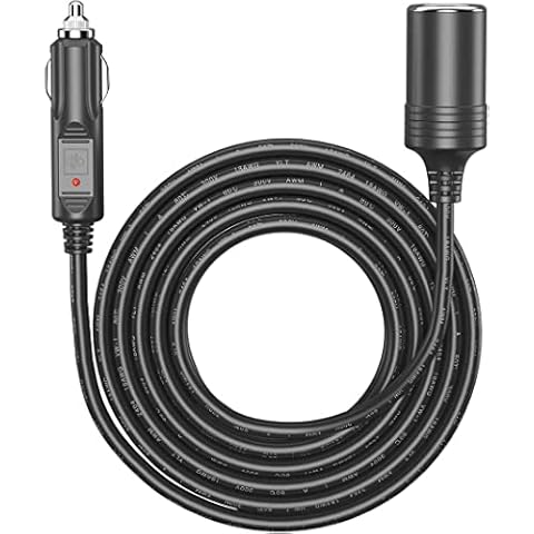 Amacam 12V/24V Car Charger Extension-16.4ft Black Long Cable with Inline Cigarette Lighter Socket. Suitable for Tire Inflators Vacuum Cleaners and Other Portable Equipment Tough Durable Power Lead. Cover