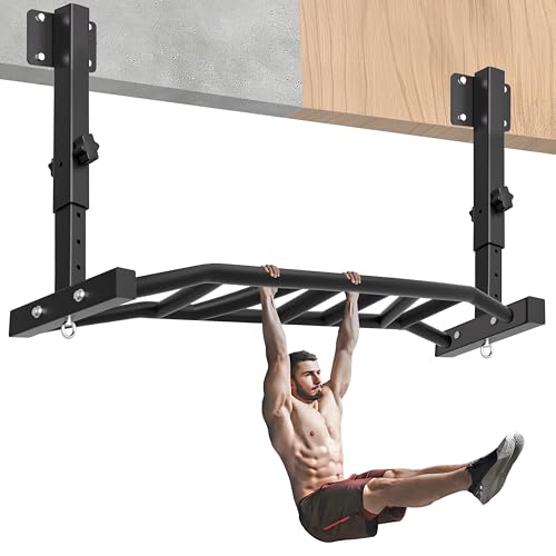 HWOOUSA 48" Joist Mounted Pull Up Bar, 600LBS Heavy Duty Multi Grip Ceiling Mount Chin Up Bar, Ceiling Beam for Home Gym/Garage/Basement with 5-Height Adjustable& Round Anchors, Easy to Install