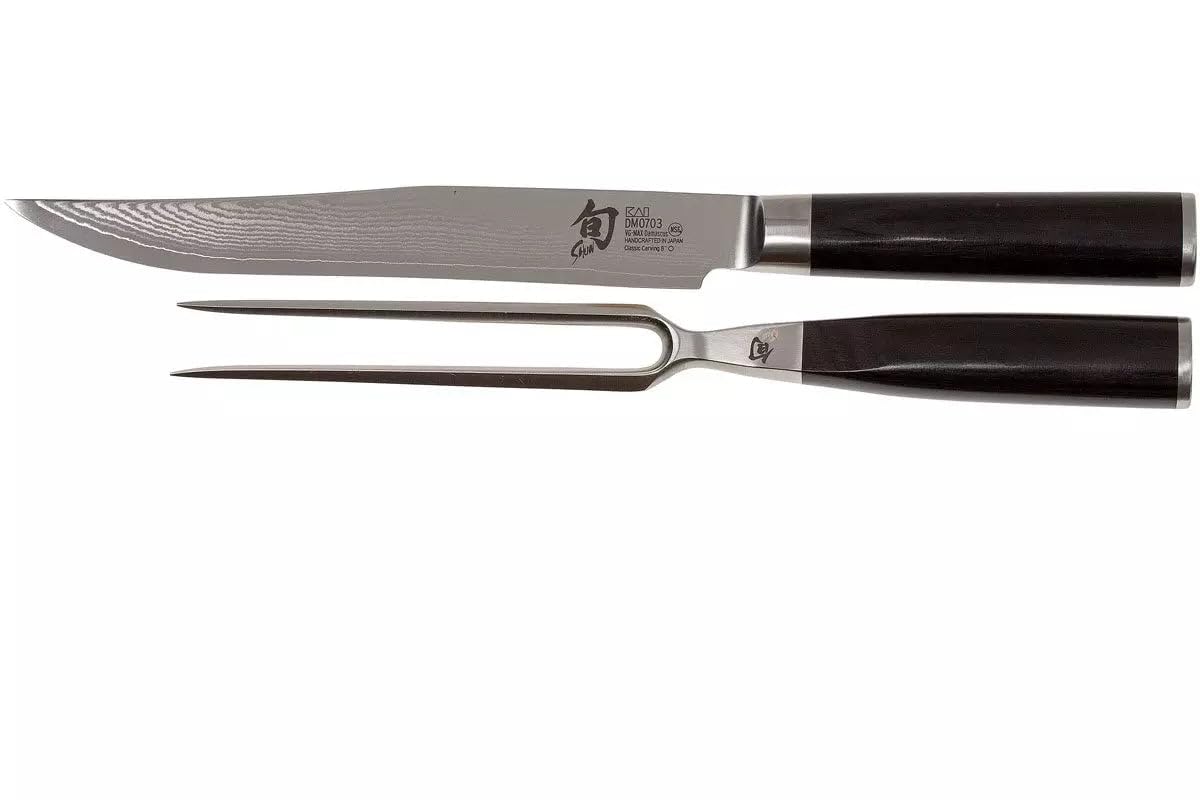 Shun KAI Classic japanisches Tranchier Set - Tranchiermesser 20 cm Klingenlänge Damast 32 Lagen VG MAX Kern - 61 (±1) HRC - Tranchiergabel 16,5 cm Zinken Edelstahl - Pakkaholzgriff schwarz