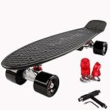 FunTomia Monopatín de 57 cm con herramienta en T, rodamientos ABEC-9, ruedas LED, niños principiantes (negro con ruedas negras)