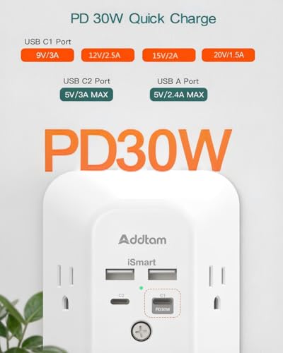 Image of Addtam 5-Outlet Extender Surge Protector, Multi Plug Wall Outlet with 4 USB Wall Charger(PD 30W), Outlet Splitter Power Strip for Home Office Dorm Room Essentials, Plug Extension Outlet 1800J