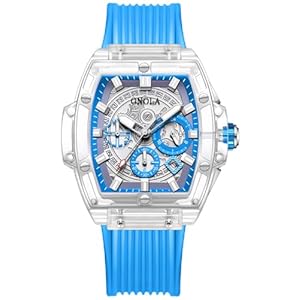Gosasa Fashion Men’s Quartz Watch Tonneau Transparent Case Date Luminous Waterproof Analog Casual Business Wristwatch with Silicone Strap