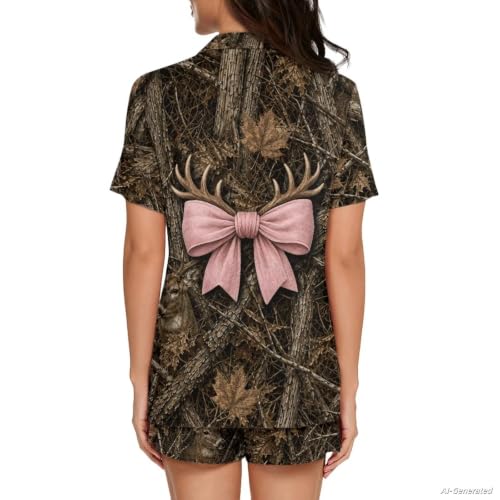 Image of Renewold Button Down Womens Pajama Set Short Sleeve Loungewear Bow Nightwear Sleepwear Night Suit Tops Shorts 2 Pieces