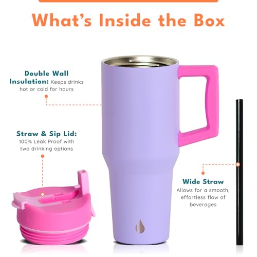 Image of Elemental 100% Leak Proof 32oz Tumbler with Handle & Straw Travel Mug | Stainless Steel Double Wall Insulated Tumbler for Hot and Cold Beverages with Sip & Straw Lid
