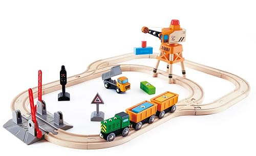 Hape Crossing & Crane Set | 32-Piece Wooden Railway Cargo Playset for Kids Multicolor