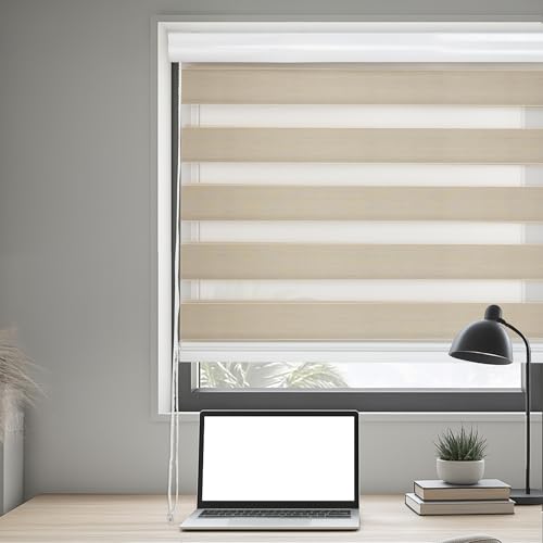 DH Persiana Enrollable Zebra con Doble Capa – 150x200cm – Estor de Día y Noche con Control de Luz, Instalación por Perforación, Estilo Moderno y Elegante para Hogar y Oficina (Beige)