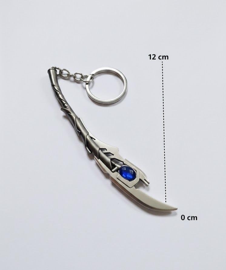 Image of Metal Sword Keychain with Blue Gem, Silver, Twisted Handle Design, Dagger Style Accessory