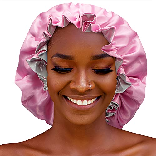 SweetEasy Satin Bonnet for Women Protect Hair Silk Bonnet for Natural Hair Curly Hair Cap Silk Hair Wrap for Sleeping Available on both sides Suitable Hair Large Volume Cap Pink