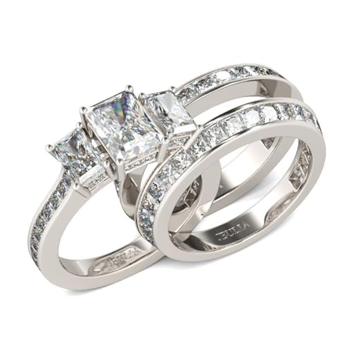Jeulia 3PC Bridal Ring Sets for Women Three Stone Radiant Cut Engagement Rings Sterling Silver Wedding Band Interchangeable Rings Promise Anniversary with Jewelry Box
