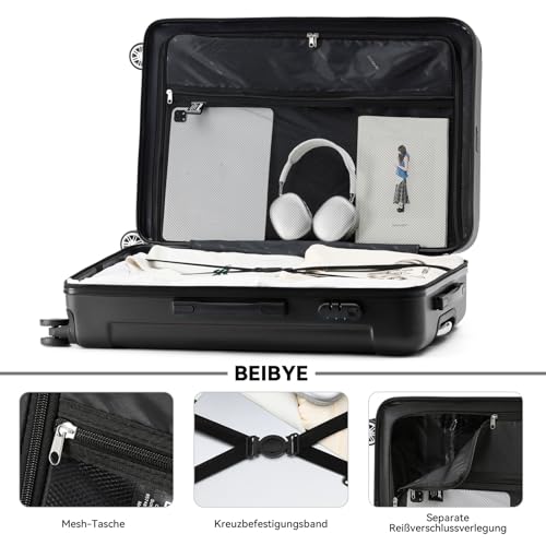 BEIBYE Hartschalen-Koffer Trolley Rollkoffer Reisekoffer Handgepäck 4 Rollen (M-L-XL-Set) (Schwarz, M) 5