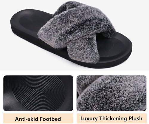 Image of COFACE Womens Fuzzy Slides Fluff Faux Fur Cross Slippers Open Toe Yoga Mat House Slipper Sandals With Arch Support For Indoor /Outdoor