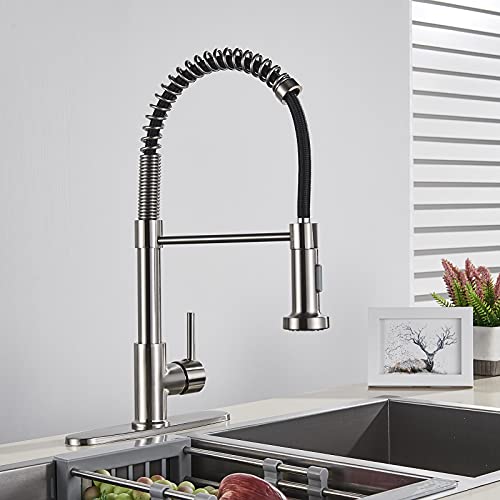 Holiday Deals ๐ Votamuta Commercial Style High Arc Pull Down Kitchen Sink Faucet Brushed Nickel Spring Faucet Single Handle with Deck Plate Holiday Deals ๐ Votamuta Commercial Style High Arc Pull Down Kitchen Sink Faucet Brushed Nickel Spring Faucet Single Handle with Deck Plate