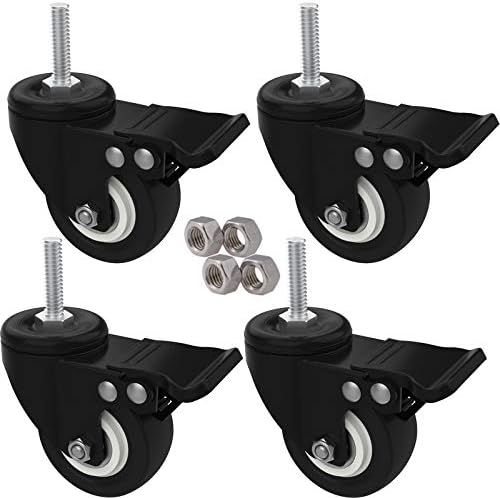 MySit 2" Stem Casters with Brake, 3/8"-16x1" Heavy Duty Threaded Stem Caster Wheels Rubber No Noise Swivel Castors Bolt with Nuts for Carts Furniture Dolly Workbench Trolley(4 Pack)