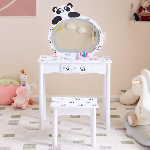 Image of Princess Vanity Table with Lights,Princess Makeup Vanity Desk with Storage Drawer, 2 in 1 Vanity Table & Chair Set with Mirror for Girls (Panda)
